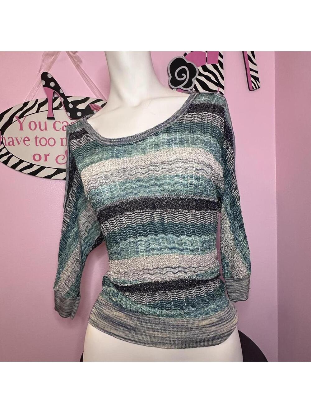 Y2K blue striped knit top with a boho vibe, size petite medium